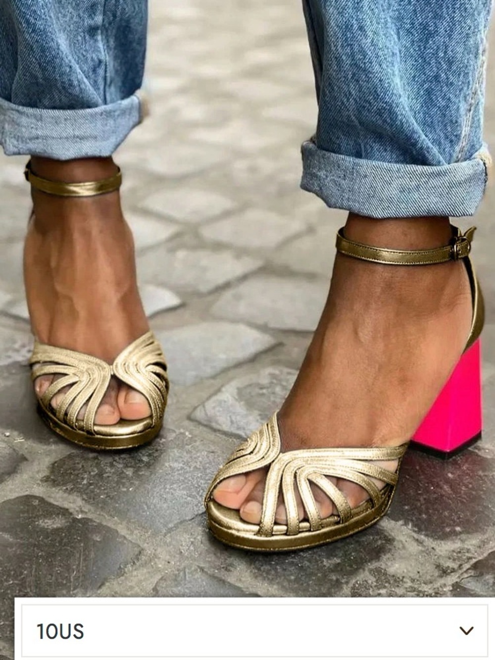 Metallic Gold Open-Toe Heels with Pink Block Heel